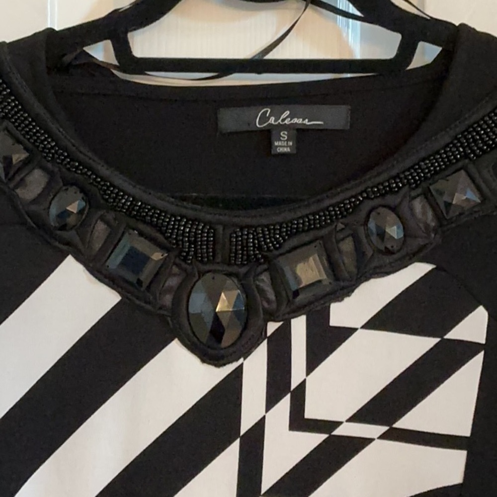 Calessa Black & White Geometric Design Dress w/ Black Beading